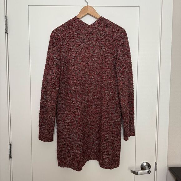 Roots Canada Long Cardigan Women Sz S Burgundy Chunky Knit Open Front Wool Blend - Picture 6 of 12